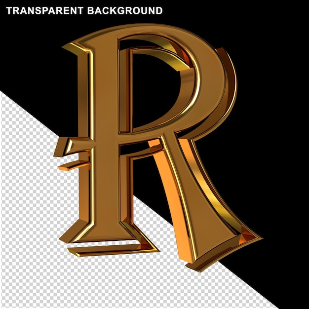 Gold letters view from left. 3d letter r