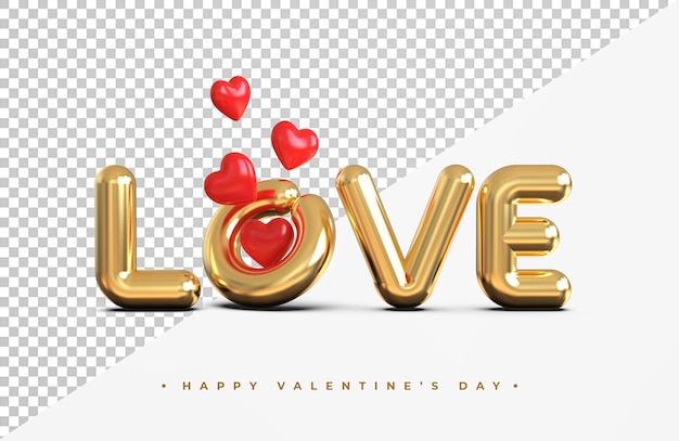 Gold love lettering with hearts symbol 3d rendering isolated