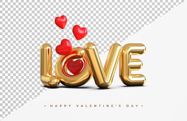 PSD gold love lettering with hearts symbol 3d rendering isolated