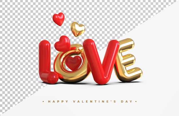 Gold love lettering with hearts symbol 3d rendering isolated