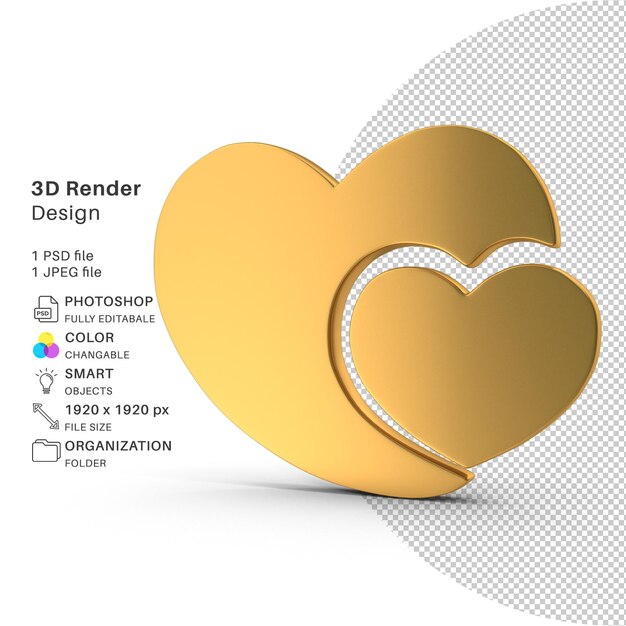 ゴールドの愛のシンボル光沢のある 3d モデリング psd ファイル現実的な愛のアイコン