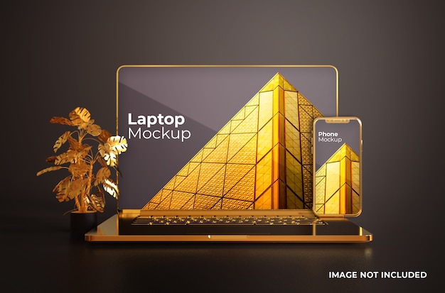 Macbook pro oro con vista frontale del mockup dello smartphone