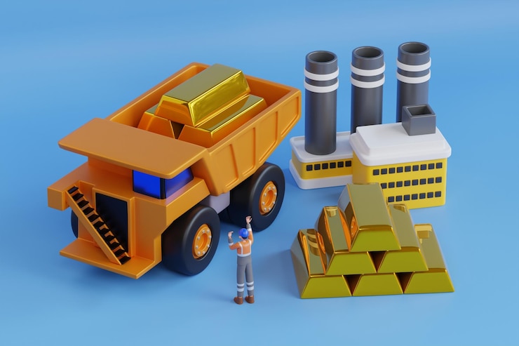 PSD gold mining industry activity gold mining miner characters are working in a gold refinery