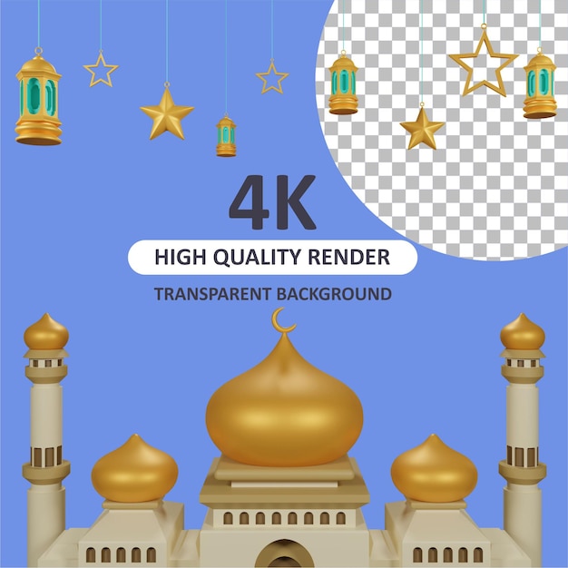 Золотая мечеть с фонарем висит фон 3d рендеринг моделирования персонажей