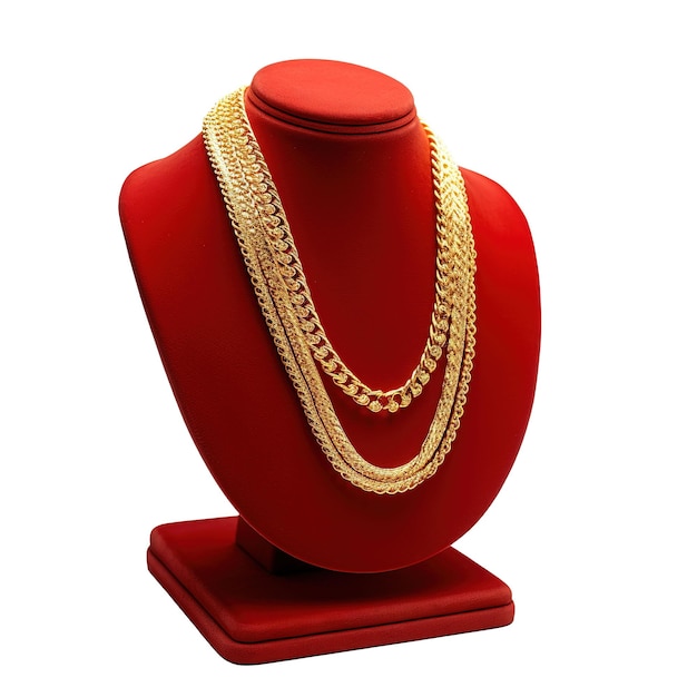 Collana in oro su manichino rosso isolato su sfondo bianco rendering 3d