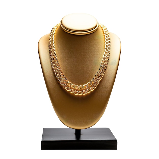 Gold necklace on a stand isolated on white background 3d render