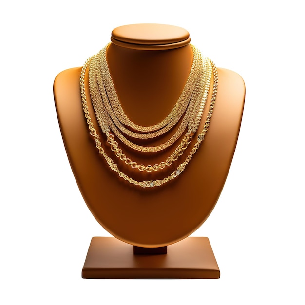 Gold necklace on a stand isolated on white background 3d render