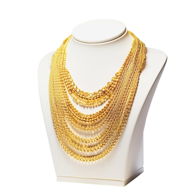 PSD gold necklace on white mannequin isolated on white background 3d rendering