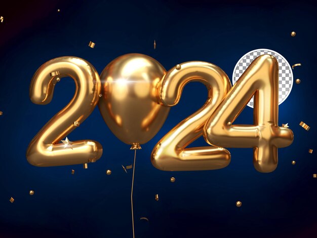 Gold New Year 2024 Ballon Text With Balloon 3D Render Isolated Background