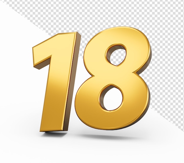Золотой номер 18 Восемнадцать на изолированном фоне блестящий 3d номер 18 из золота 3d иллюстрация
