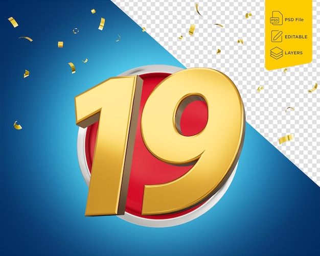 Gold number 19 gold number nineteen on rounded red icon with particles 3d illustration