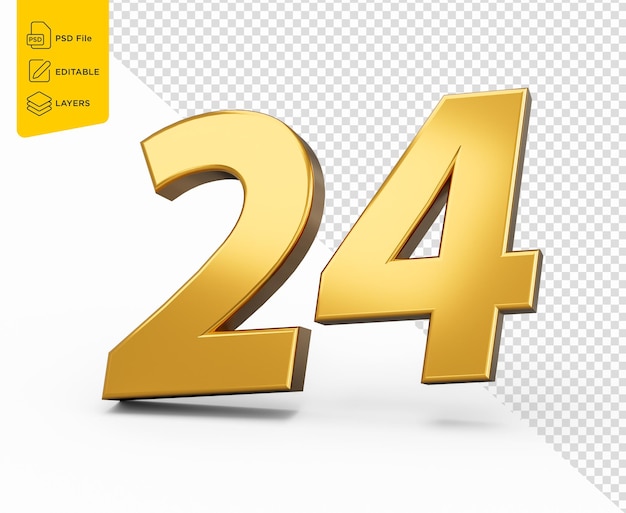 PSD gold number 24 twenty four isolated white background shiny 3d number 24 made of gold 3d illustration