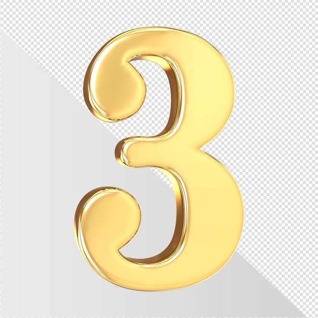 Gold number 3 on a transparent background