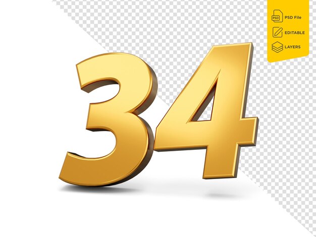 Numero d'oro 34 trentaquattro su sfondo isolato lucido numero 3d 34 realizzato in oro illustrazione 3d