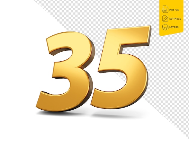 PSD Золотой номер 35 тридцать пять на изолированном фоне блестящий 3d номер 35 из золотой 3d иллюстрации