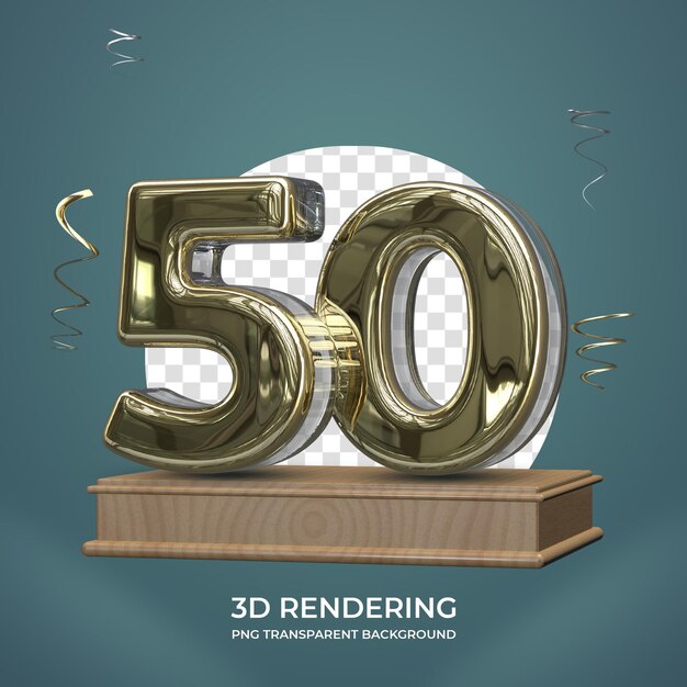 Gold number 50 on stage 3d render transparent background