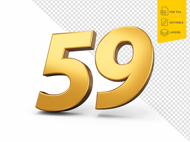 PSD numero d'oro 59 cinquantanove isolato su sfondo bianco 3d lucido numero 59 fatto di oro illustrazione 3d