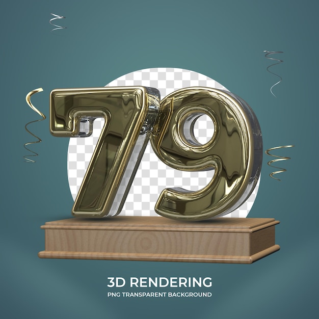 Золотой номер 79 на сцене 3d рендеринга на прозрачном фоне