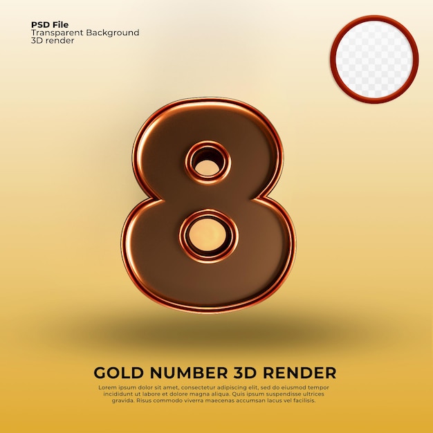 A gold number 8 3d rendering with a yellow background