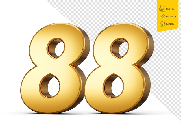 골드 숫자 88: 고립된 색 배경, 반이는 3d 숫자, 금으로 만든 3d 일러스트레이션