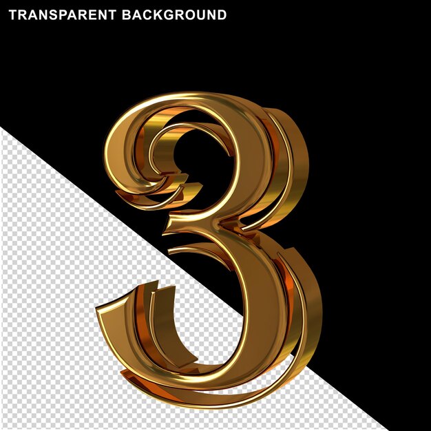 Gold numbers view from the right. 3d number 3