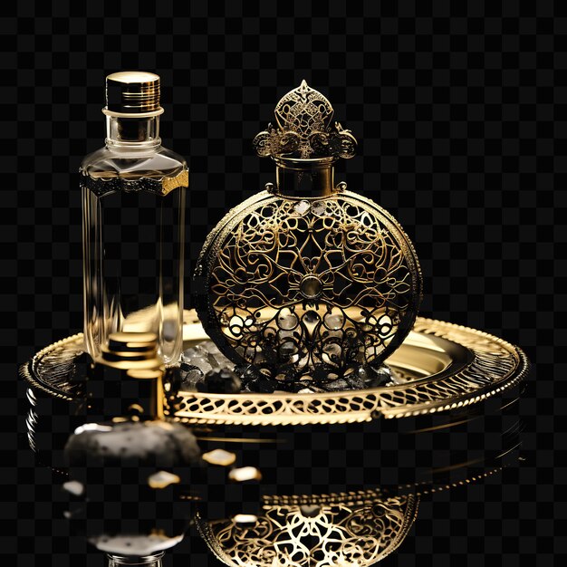 PSD a gold object with a bottle of perfume on it