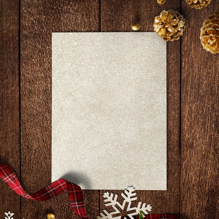 PSD gold paper mockup with christmas decorations on wooden background