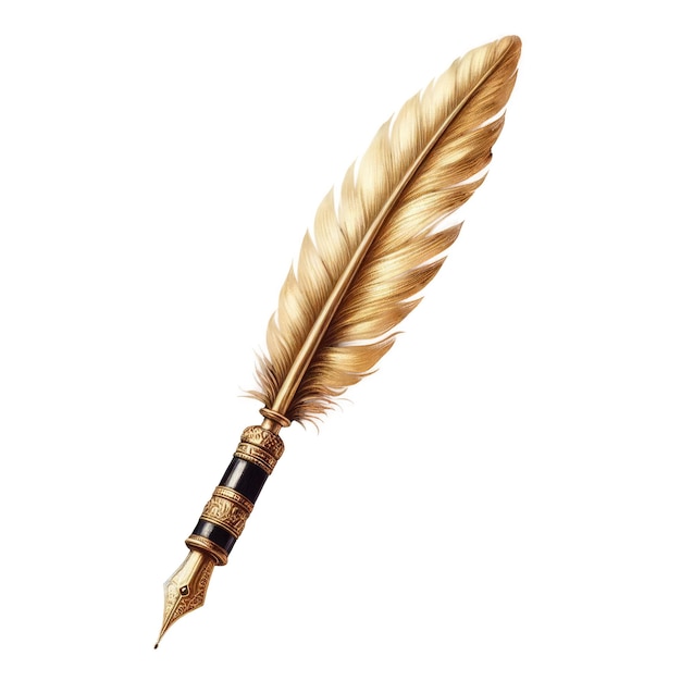 PSD 金色のペンと羽と金属の先端 手描きの水彩画