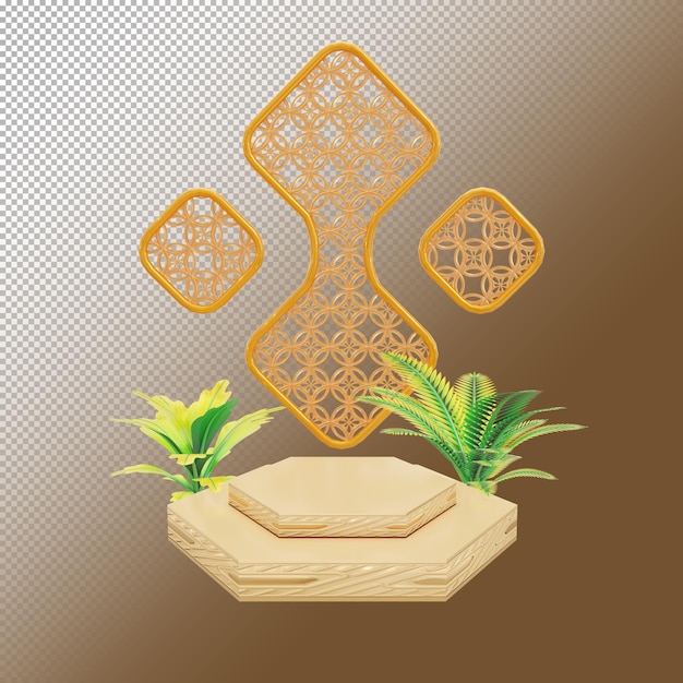 gold pentagonal shape podium product with blue pattern ornament in 3d render