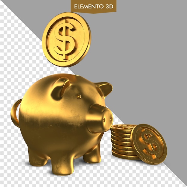 A gold piggy bank with a coin in the front of it