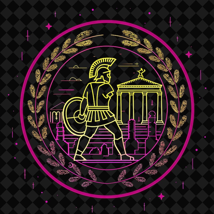 PSD a gold and pink image of a knight with a gold crown and a green circle with a gold frame