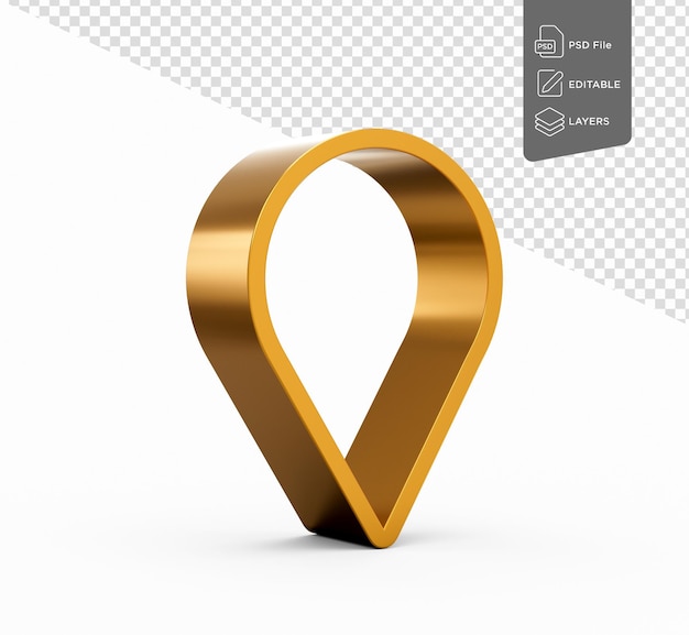 PSD icona del puntatore d'oro, simbolo della posizione. gps, viaggi, navigazione, concetto di posizione del luogo. illustrazione 3d