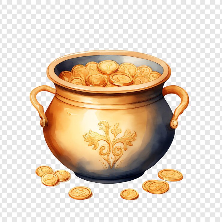 PSD gold pot with gold coins on a transparent background