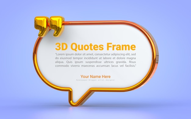 Oro quote box frame spazio vuoto blogging modello su sfondo blu 3d render concept per texting