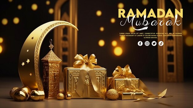 PSD gold ramadan moon crescent with gift boxes background banner social template card