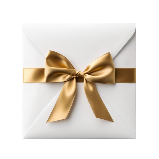 A gold ribbon tied in a bow is on a white background