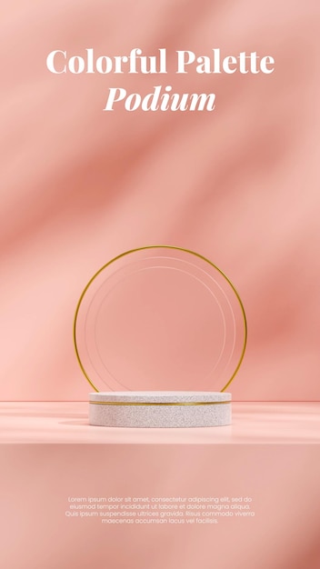 gold ring and glass background 3D rendering blank space white granite cylinder podium in portrait