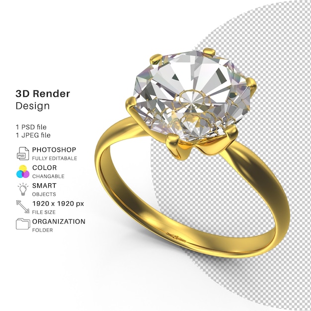 Anello in oro con diamante file psd di modellazione 3d anello di diamanti realistico