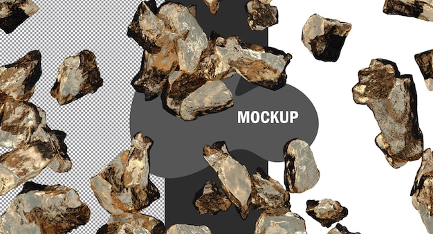 PSD gold rocks scatter clipping path, gold stones isolated, raw glod