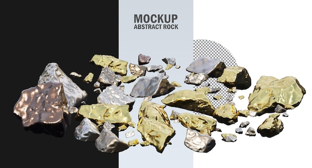 PSD gold rocks and silver rocks isolated, metallic gold and silver clipping path, raw gold and silver