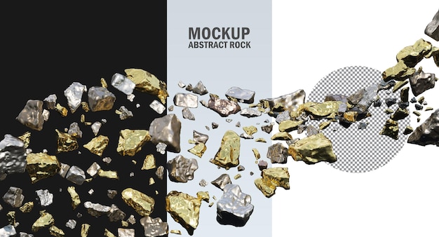 PSD gold rocks and silver rocks isolated, metallic gold and silver clipping path, raw gold and silver