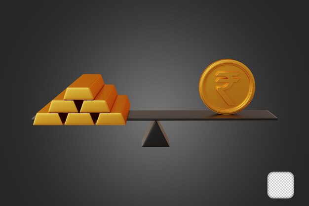 PSD gold and rupee paired on scale 3d illustration