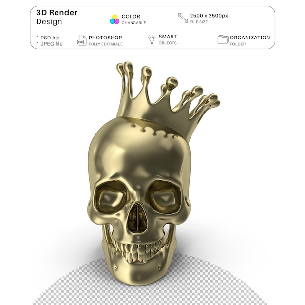 PSD 黄金の頭蓋骨と王冠 3dモデリング psdファイル 現実的な黄金の頭蓋骨