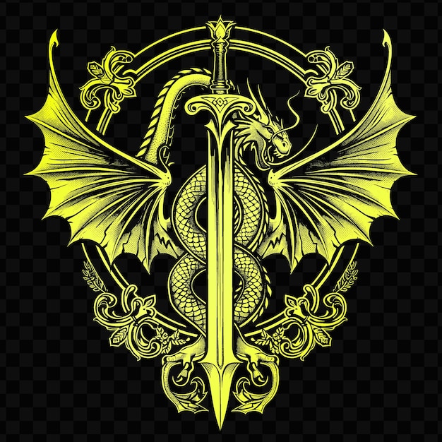 PSD a gold sword with a gold crown and a dragon on the top