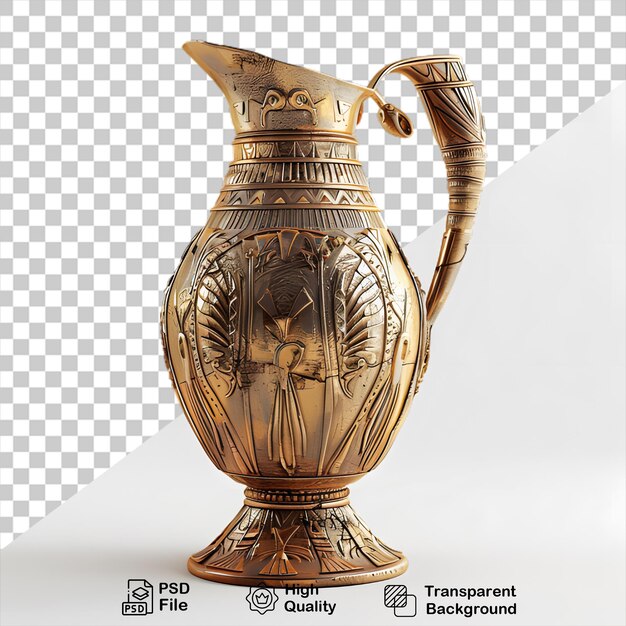 A gold vase with a gold handle is shown on a white background