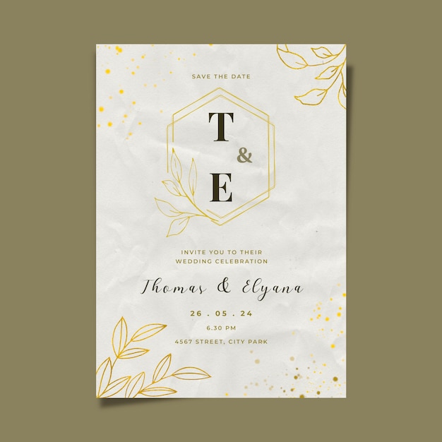 gold wedding invitation card hand drawn leaf floral ornament