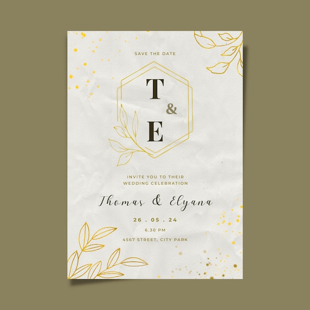 PSD gold wedding invitation card hand drawn leaf floral ornament