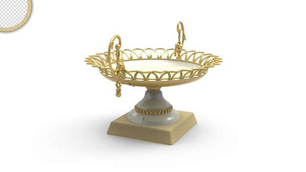 Un piedistallo bianco e oro con sopra un piatto placcato oro.
