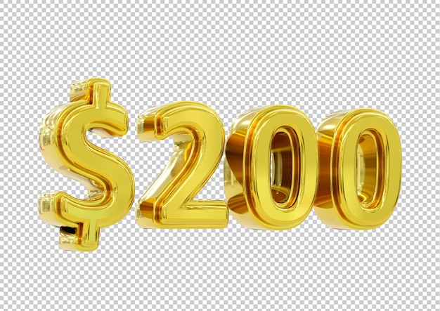 Golden 200 dollar price symbol isolated. 3d rendering