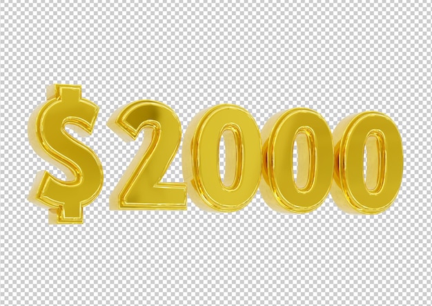 Golden 2000 dollar price symbol isolated. 3d rendering